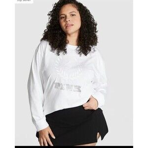 VS PINK CAMPUS TEE LONG SLEEVE BLING WHITE L